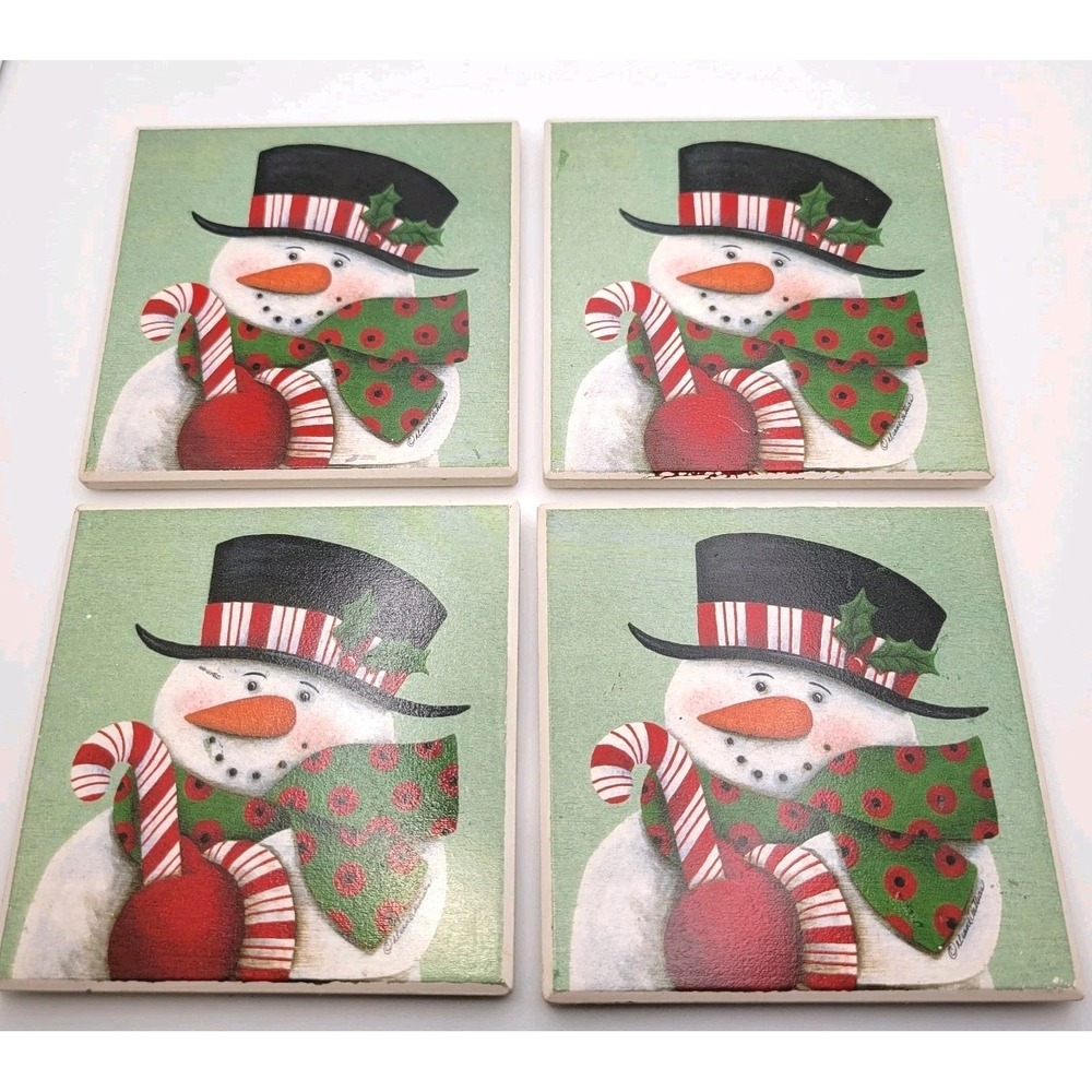 VTG 90s Snowman Ceramic Coasters Set of 4 Candy Cane Greetings‎ by Diane Arthurs